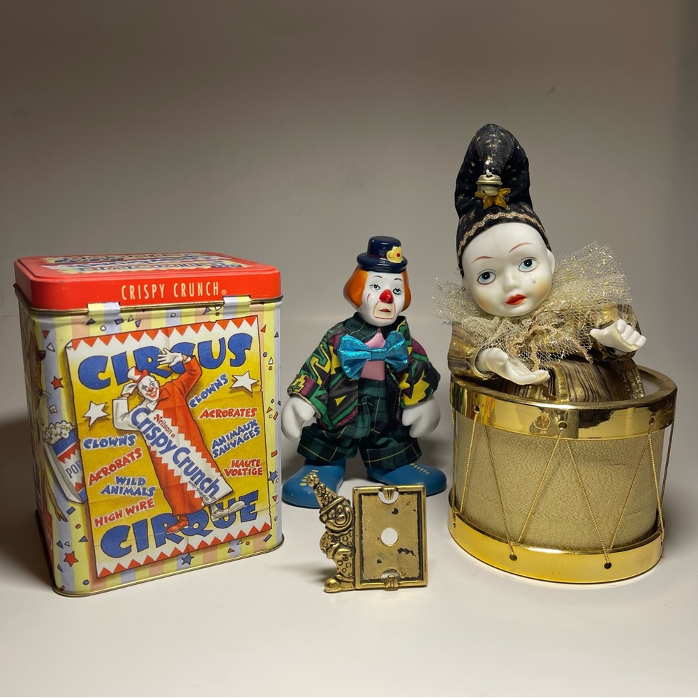 Vintage 1980s Clown Estate Lot of 4 - Figure, Brass Frame, Music Box, Candy Tin